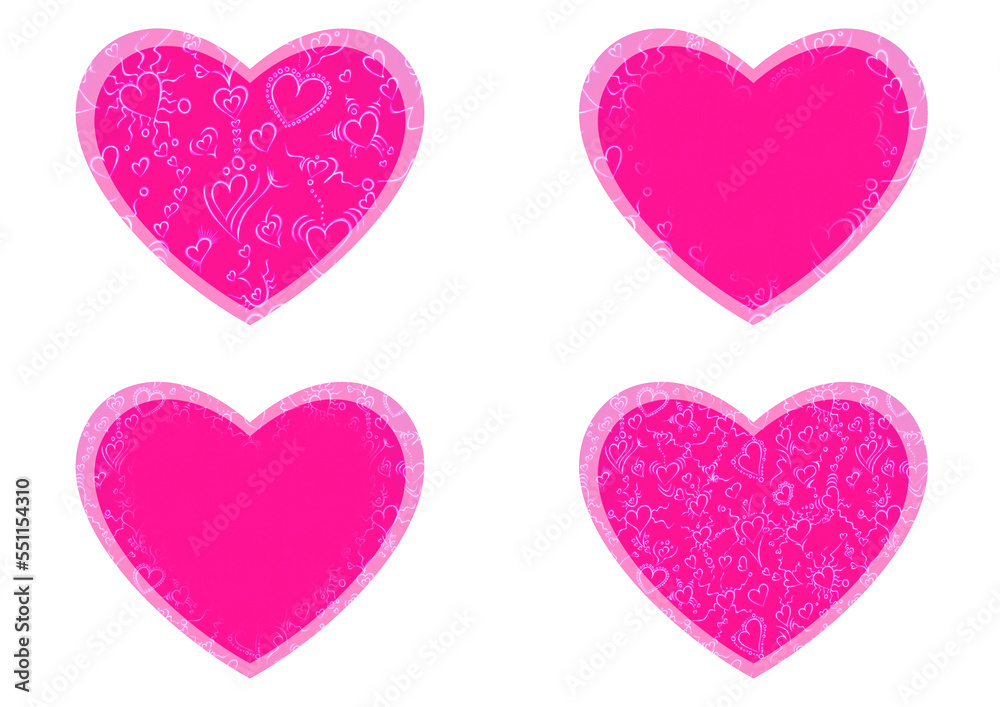 Set of 4 heart shaped valentine's cards. 2 with pattern, 2 with copy space. Neon plastic pink background and glowing pattern on it. Cloth texture. Hearts size about 8x7 inch / 21x18 cm (pv01ab)