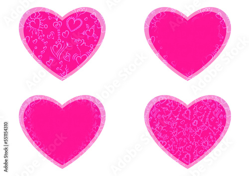 Set of 4 heart shaped valentine's cards. 2 with pattern, 2 with copy space. Neon plastic pink background and glowing pattern on it. Cloth texture. Hearts size about 8x7 inch / 21x18 cm (pv01ab)