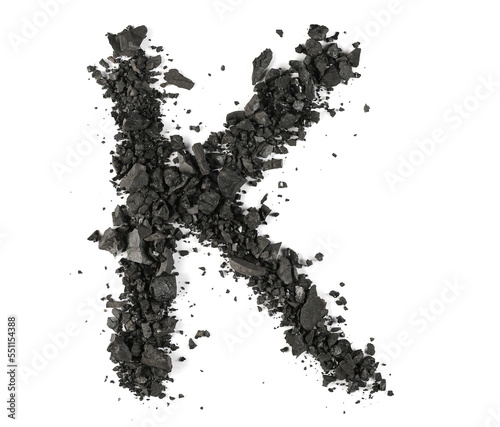 Black coal pile, alphabet letter K, isolated on white, clipping path