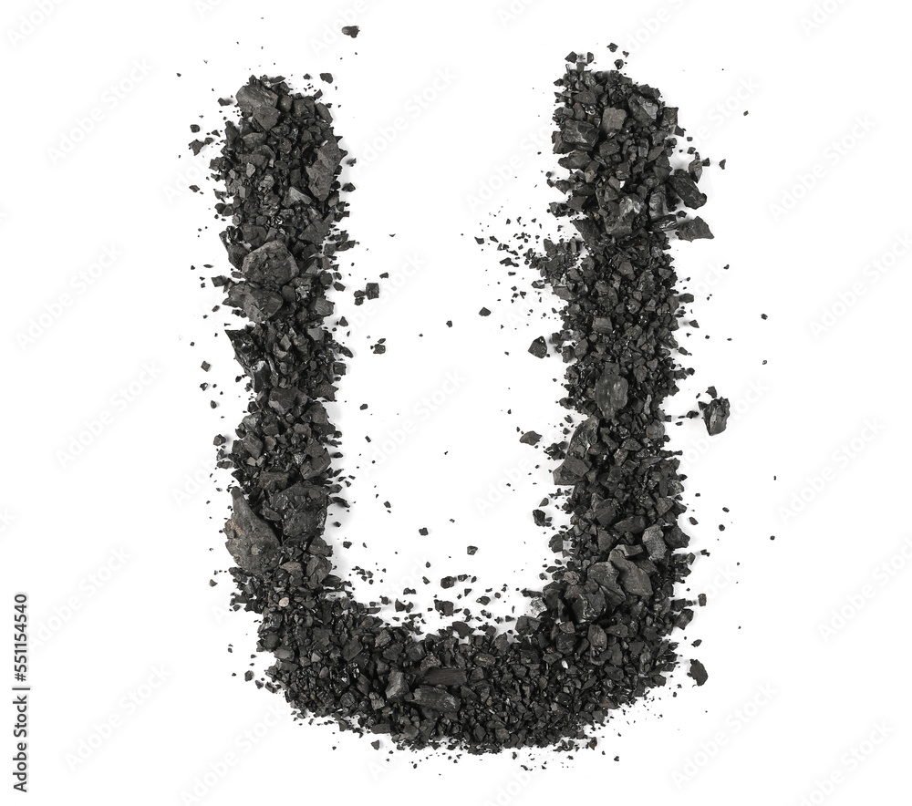 Black coal pile, alphabet letter U, isolated on white, clipping path