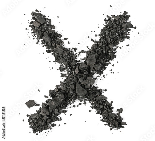 Black coal pile, alphabet letter X, isolated on white, clipping path