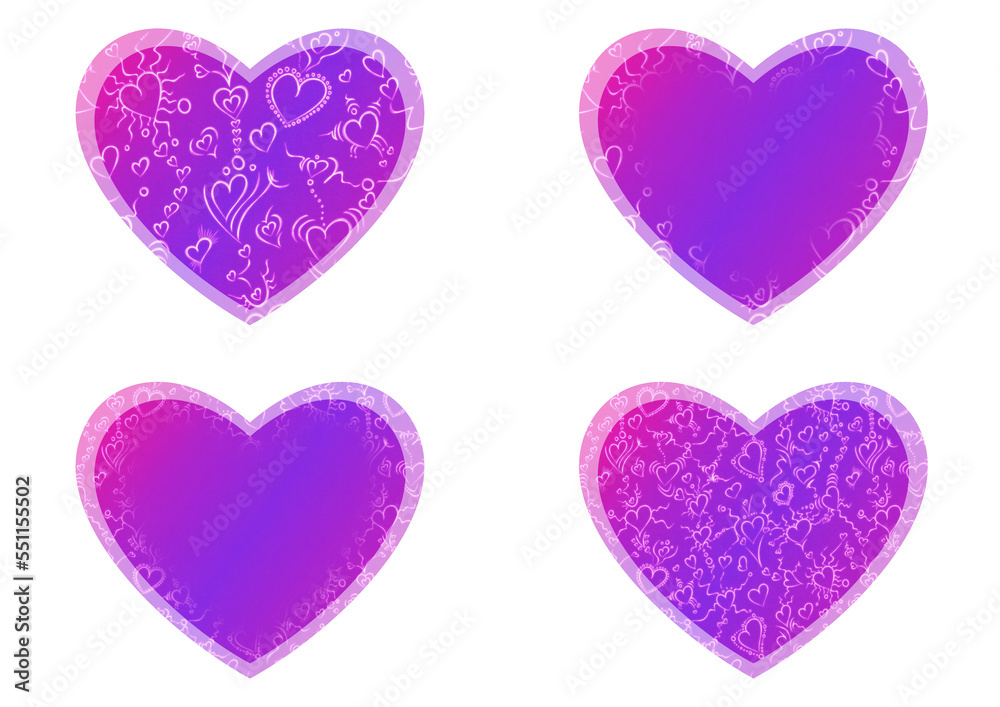 Set of heart shaped valentine's cards. 2 with pattern, 2 with copy space. Neon gradient proton purple to plastic pink, glowing pattern on it. Cloth texture. Heart size 8x7 inch / 21x18 cm (pv01ab)