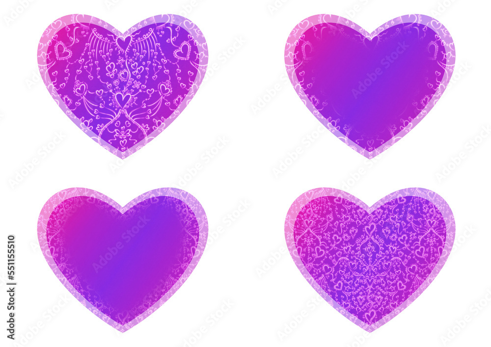Set of heart shaped valentine's cards. 2 with pattern, 2 with copy space. Neon gradient proton purple to plastic pink, glowing pattern on it. Cloth texture. Heart size 8x7 inch / 21x18 cm (pv02ab)