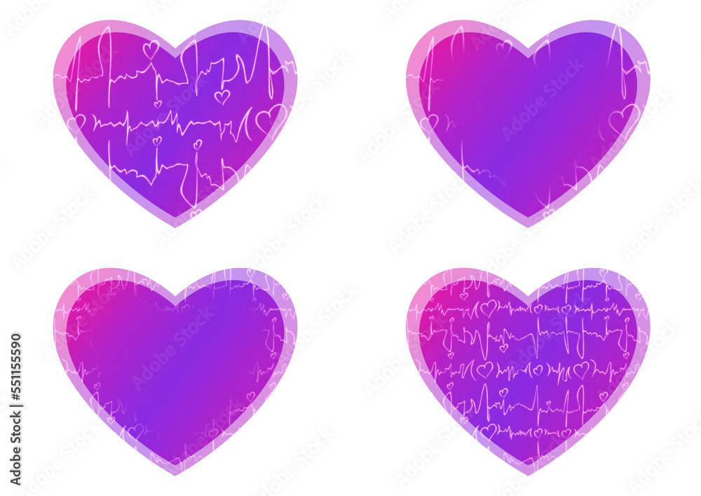 Set of heart shaped valentine's cards. 2 with pattern, 2 with copy space. Neon gradient proton purple to plastic pink, glowing pattern on it. Cloth texture. Heart size 8x7 inch / 21x18 cm (pv03ab) Set of heart shaped valentine's cards. 2 with pattern, 2 with copy space. Neon gradient proton purple to plastic pink, glowing pattern on it. Cloth texture. Heart size 8x7 inch / 21x18 cm (pv03ab)