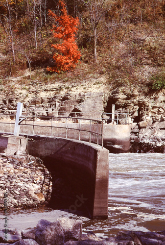 Fall color along the spillway for Coralville Lake in Johnson County, Iowa, USA, on the Iowa River.