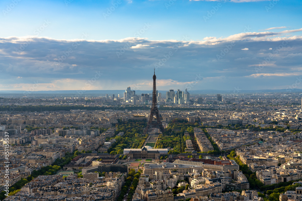 Aerial panorama of Paris with Eiffel Tower. France