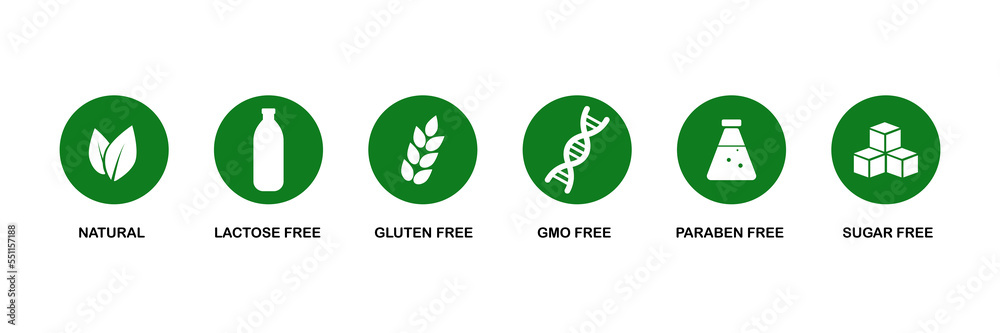 Set of icons gluten free, GMO free, sugar free, paraben free, lactose free. Product packaging labels. Vector illustration