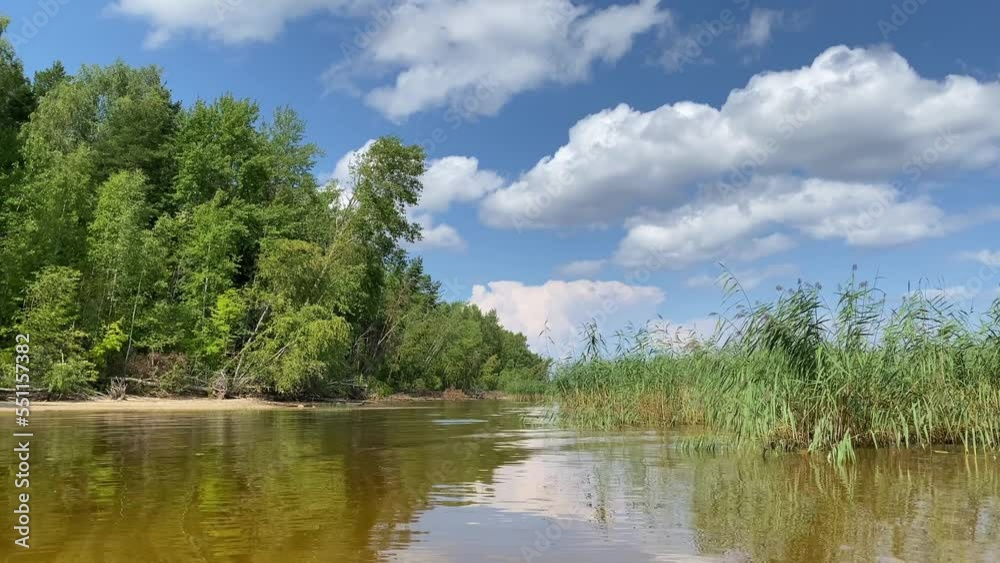 A summer landscape with a forest on the shore of a reservoir and clouds floating in the sky. A summer landscape with a forest on the shore of a reservoir and clouds floating in the sky.