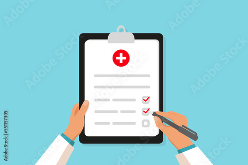 Doctor holding medical clipboard and takes notes on it. Medical report. Medical form list with results data and approved check mark. Vector illustration photo
