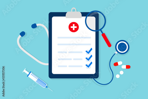 Clipboard with stethoscope, medical check form report. Medical form list with results data and approved check mark. Vector illustration