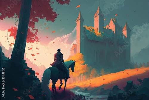 illustration numérique d'un cavalier devant un château fantastique, paysage d'au Fototapet