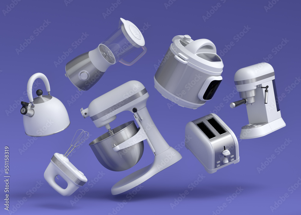 Electric kitchen appliances and utensils for making breakfast on violet Electric kitchen appliances and utensils for making breakfast on violet