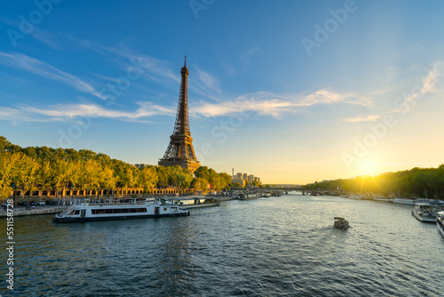 Sunset view of Eiffel tower and Seine river in Paris, France
