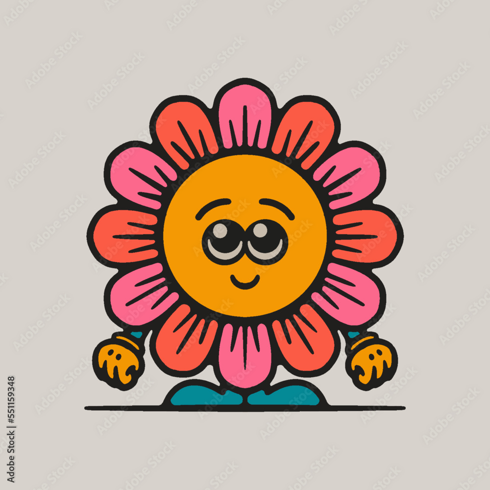 Retro Vintage Flower Mascot Cartoon Character