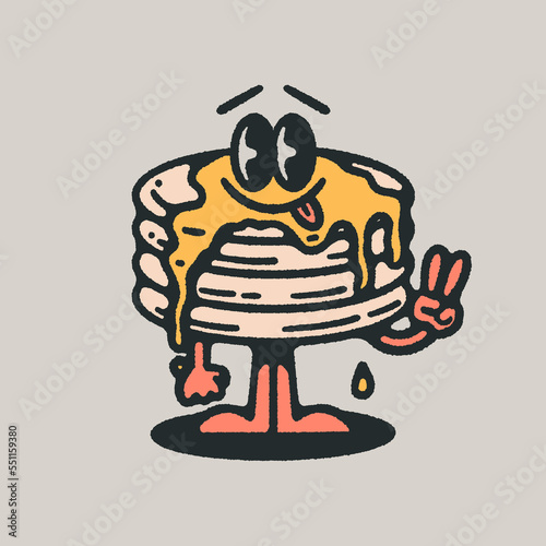 Retro Vintage Sunday Brunch Pancake Stack Mascot Cartoon Character