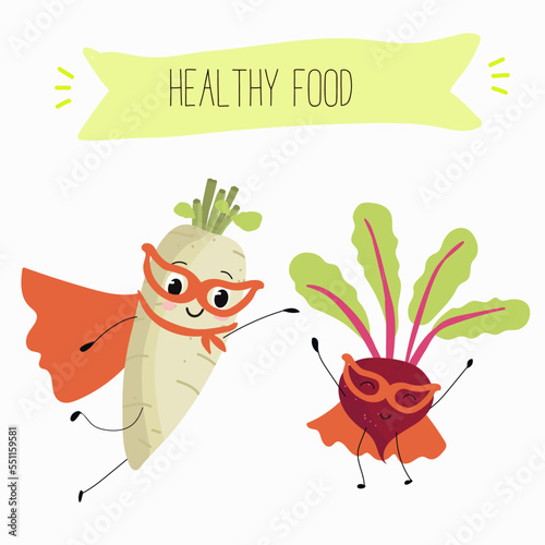 Vector illustration of funny cartoon character beet, radish superheroes, healthy food, kitchen, ingredients, kids t-shirt design.