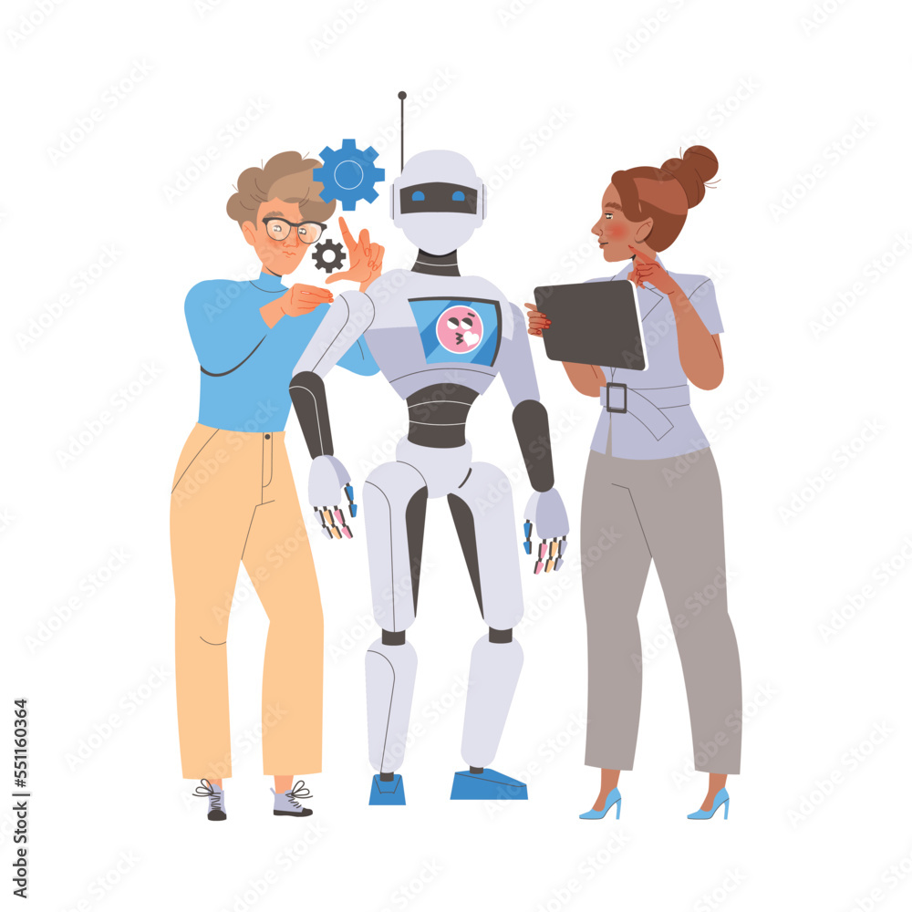 Robotics Programming with Man and Woman Engineer Character Configuring Robot Vector Illustration Robotics Programming with Man and Woman Engineer Character Configuring Robot Vector Illustration