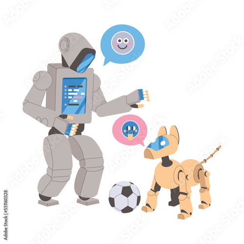 Metal Humanoid and Dog Robot Machine with Limbs Playing Football Vector Illustration