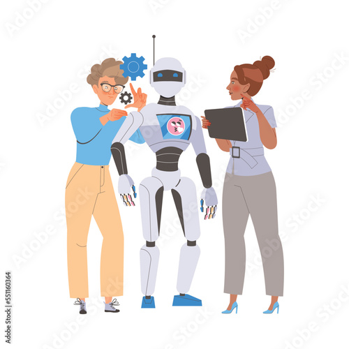 Robotics Programming with Man and Woman Engineer Character Configuring Robot Vector Illustration