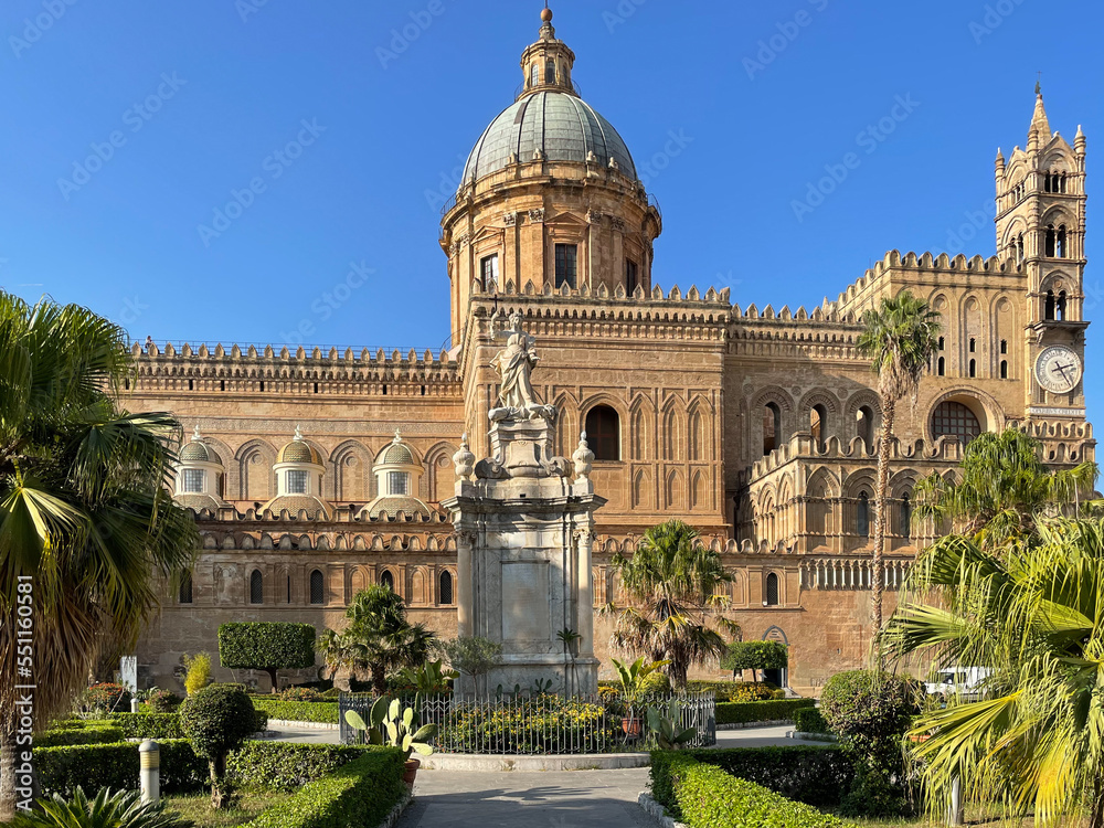 The Palermo Cathedral in Sicily. The building was erected in 1185 by a Norman archbishop. The church is characterized by the presence of different styles and was completed only in the 18th century