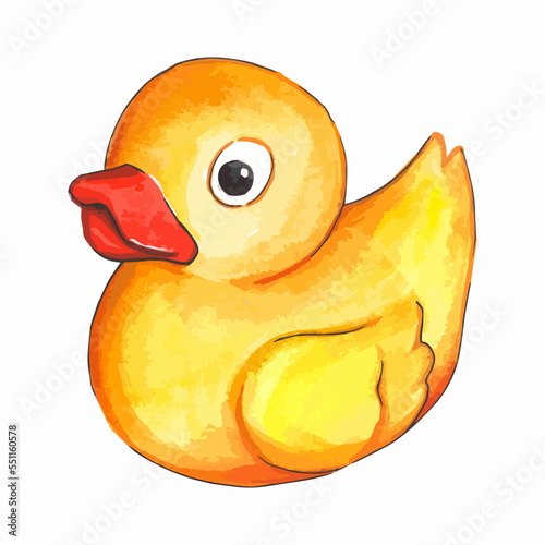 Hand drawn watercolor illustration. Cute yellow duck - bath toy.