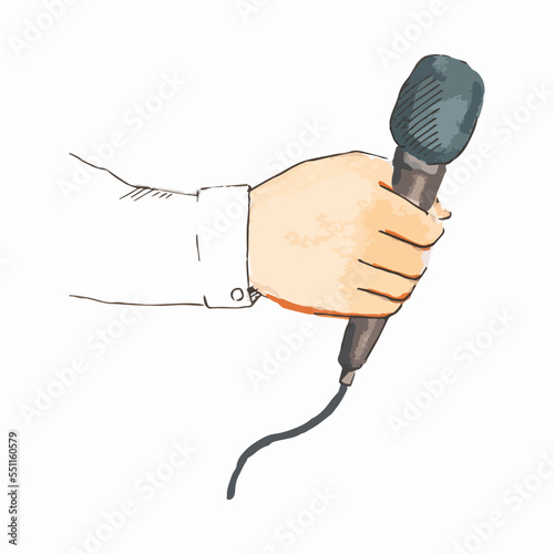 Hand drawn watercolor illustration. Journalist holds microphone in hand records interview.
