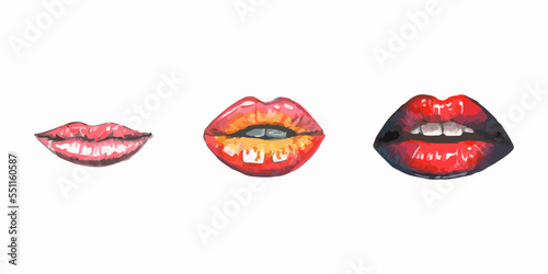 Hand drawn watercolor illustration. Beautiful sexy women's lips and lipstick makeup.