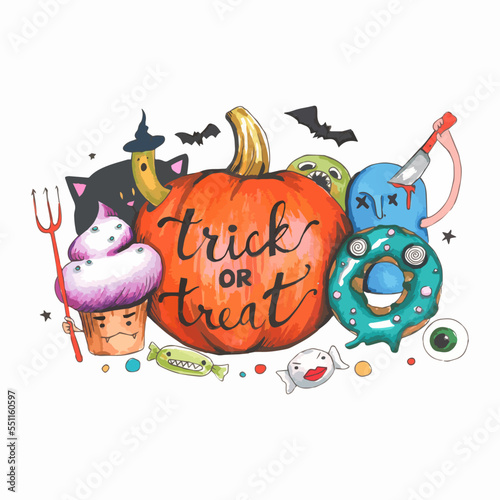 Hand drawn watercolor illustration. Halloween trick or treat party.