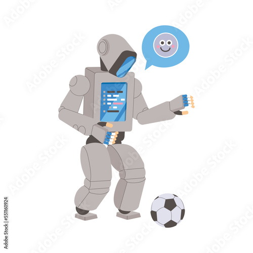 Metal Humanoid Robot Machine with Limbs Playing Football Vector Illustration