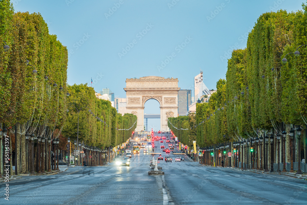The Arc de Triomphe seen across des Champs-Élysées avenue in Paris, Francja - obrazy, fototapety, plakaty 