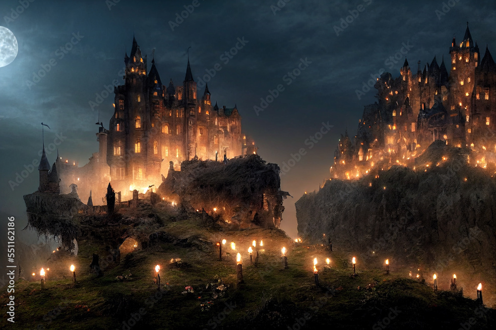 Fairytale mysterious old castle city dramatic lighting hyperrealistic digital illustration.