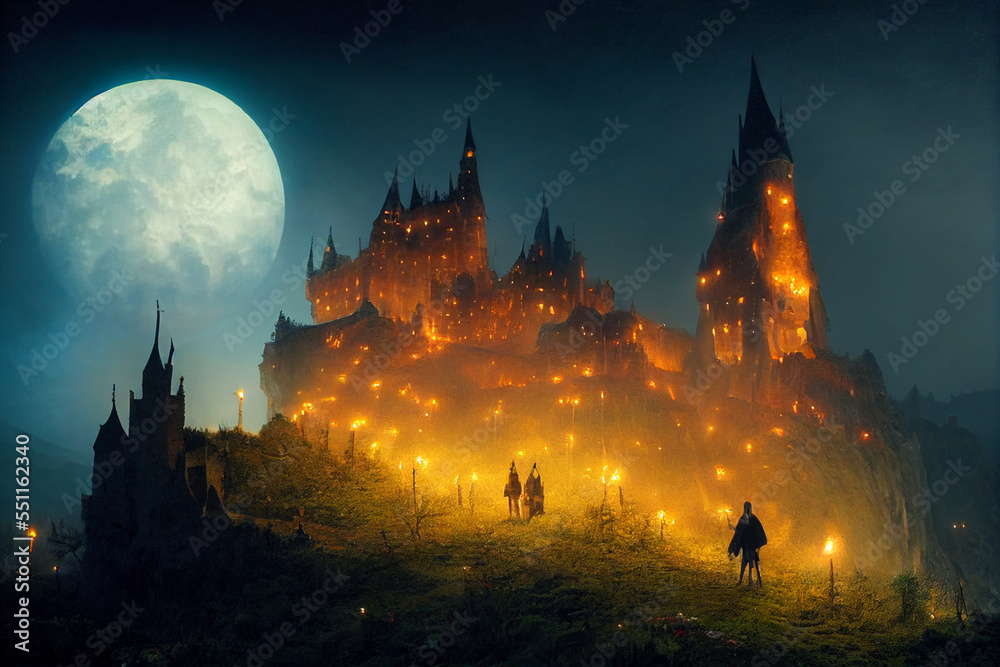 Fairytale mysterious old castle city dramatic lighting hyperrealistic digital illustration.