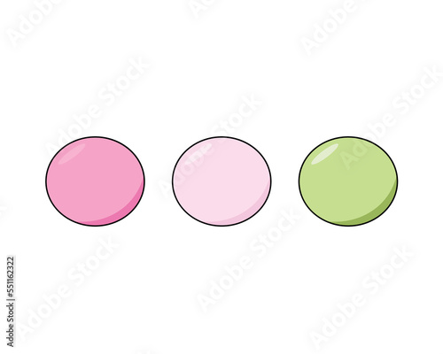 Dango japanese sweet dumpling dessert Pink white green 3 balls. Traditional food from Japan. Simple vector illustration isolated on white background