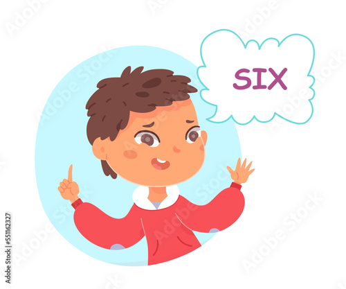 Kid counting to six vector illustration. Cartoon isolated cute preschool boy inside blue figure showing 6 fingers gesture to count and study numbers, arithmetic and basic math in kindergarten