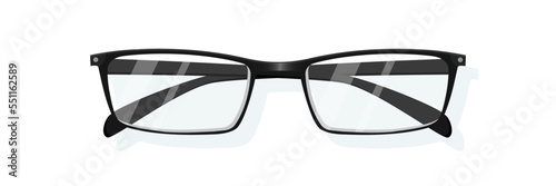 Glasses for eyes, front view, eyeglasses with black metal frame and clear lenses