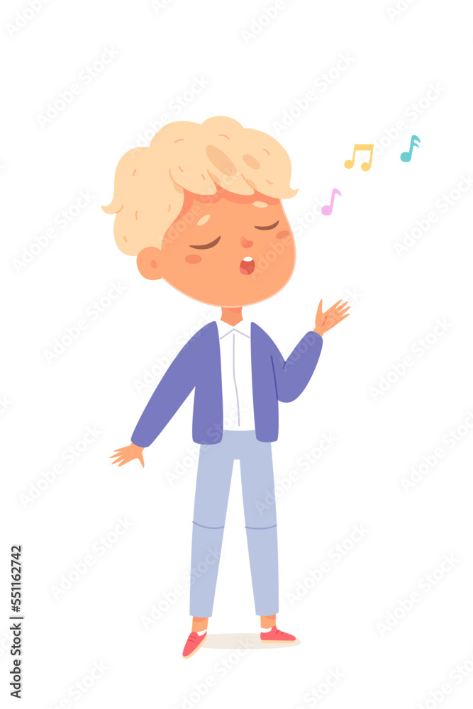 Cute boy singing song vector illustration. Cartoon isolated happy kawaii male singer standing to sing to music at Christmas party, choir performance or school concert on stage Cute boy singing song vector illustration. Cartoon isolated happy kawaii male singer standing to sing to music at Christmas party, choir performance or school concert on stage