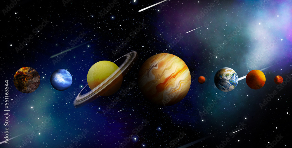 Fototapeta premium Many different planets, comets and stars in open space, illustration. Banner design
