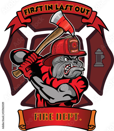 Fire Department Cross includes fireman Bulldog in helmet with firefighter's axes