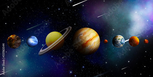 Many different planets  comets and stars in open space  illustration. Banner design
