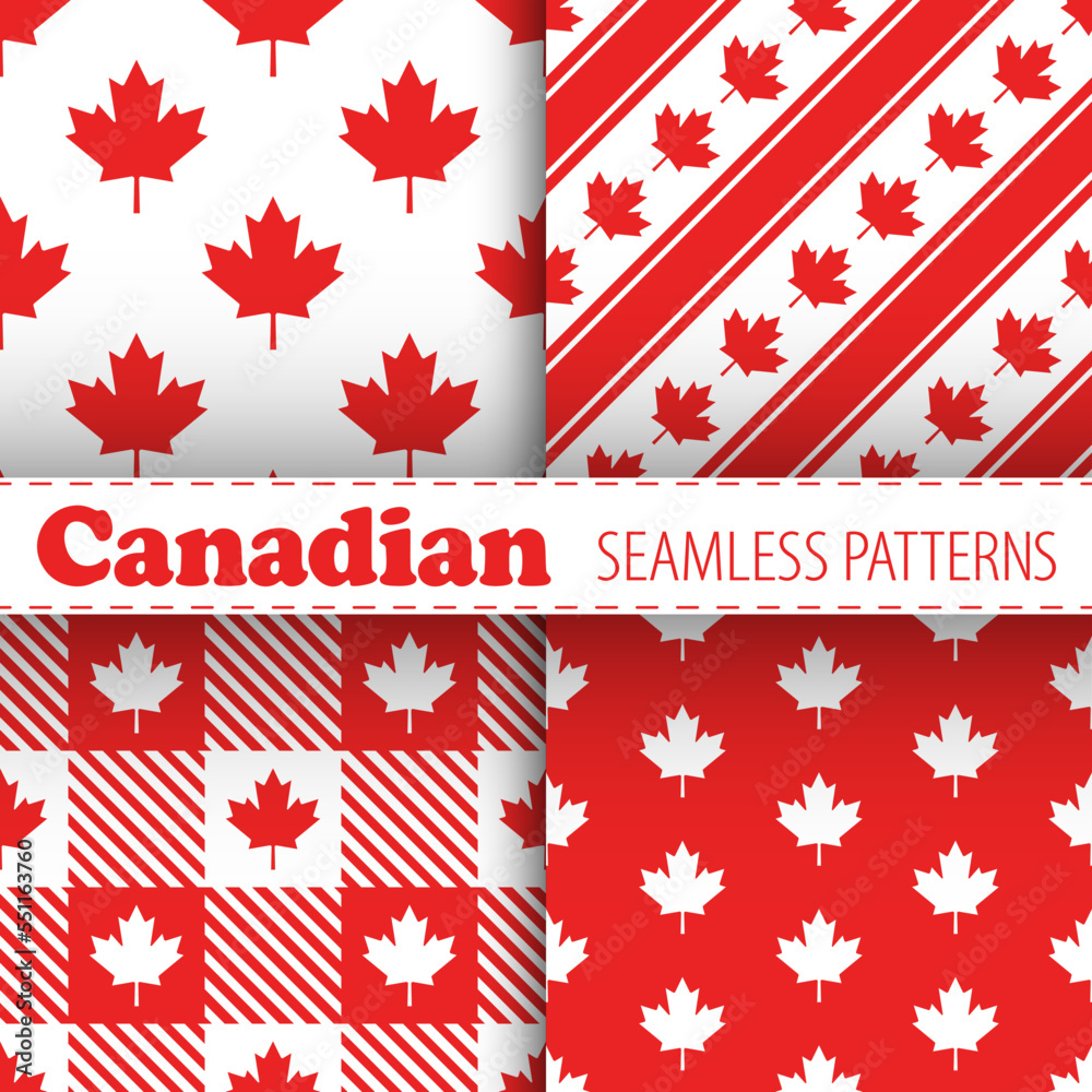 Canadian vector seamless patterns collection. Red maple leaves and stripes on white background. Best for textile, wallpapers, decoration, wrapping paper, package and web design. Canadian vector seamless patterns collection. Red maple leaves and stripes on white background. Best for textile, wallpapers, decoration, wrapping paper, package and web design.