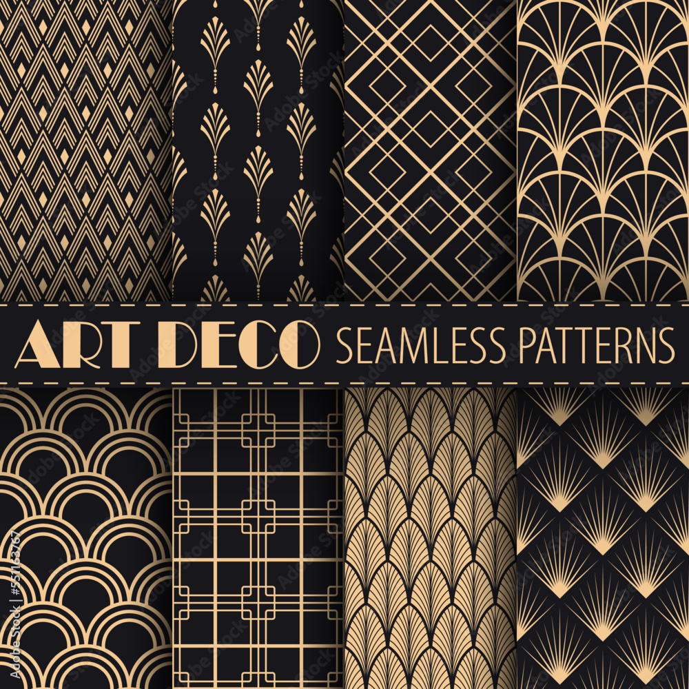 Art deco vector seamless patterns collection. Classic geometric  gold ornaments on black background. Best for textile, home decor, wallpapers, wrapping paper, package and web design.