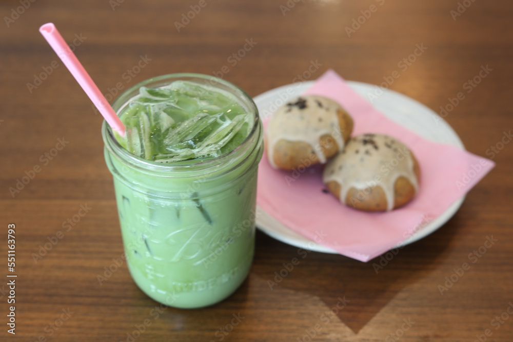 Matcha green tea with tea cakes Matcha green tea with tea cakes