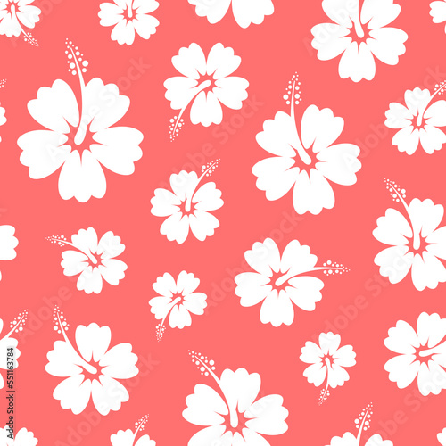 Hibiscus white flowers on red background. Floral seamless pattern. Best for textile, wallpapers, wrapping paper, package and home decoration.