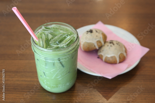 Matcha green tea with tea cakes