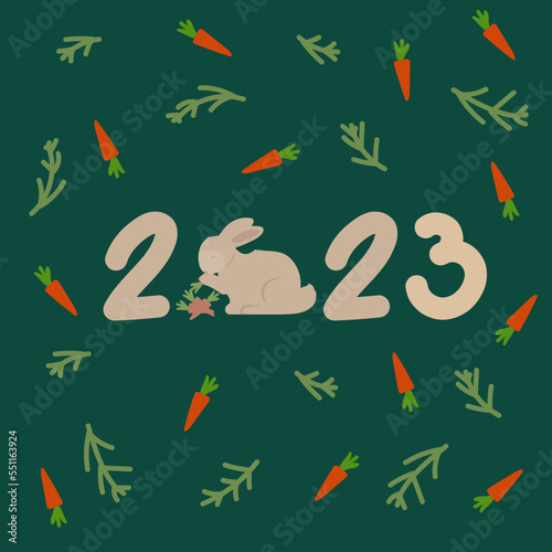 Greeting card with a hare and letters of the new year 2023. A poster in a doodle background with carrots and fir trees. Merry Christmas and Happy New Year for posters, holiday covers. Vector