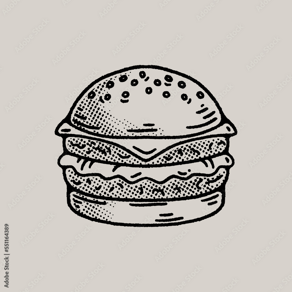 Fototapeta premium Retro Vintage Hand Drawn Restaurant Hamburger Cheeseburger with Halftones Design