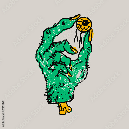 Retro Vintage Hand Drawn Monster Hand Holding Severed Eye Ball for Halloween Design
