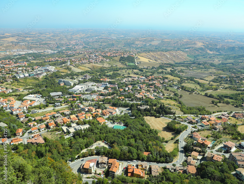 Aerial view of countryside on sunny day