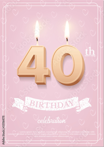 Burning number 40 birthday candle with vintage ribbon and birthday celebration text on textured pink background in postcard format. Vector vertical forty birthday invitation template