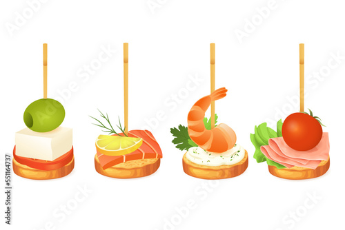 Canapes with different toppings isolated on white